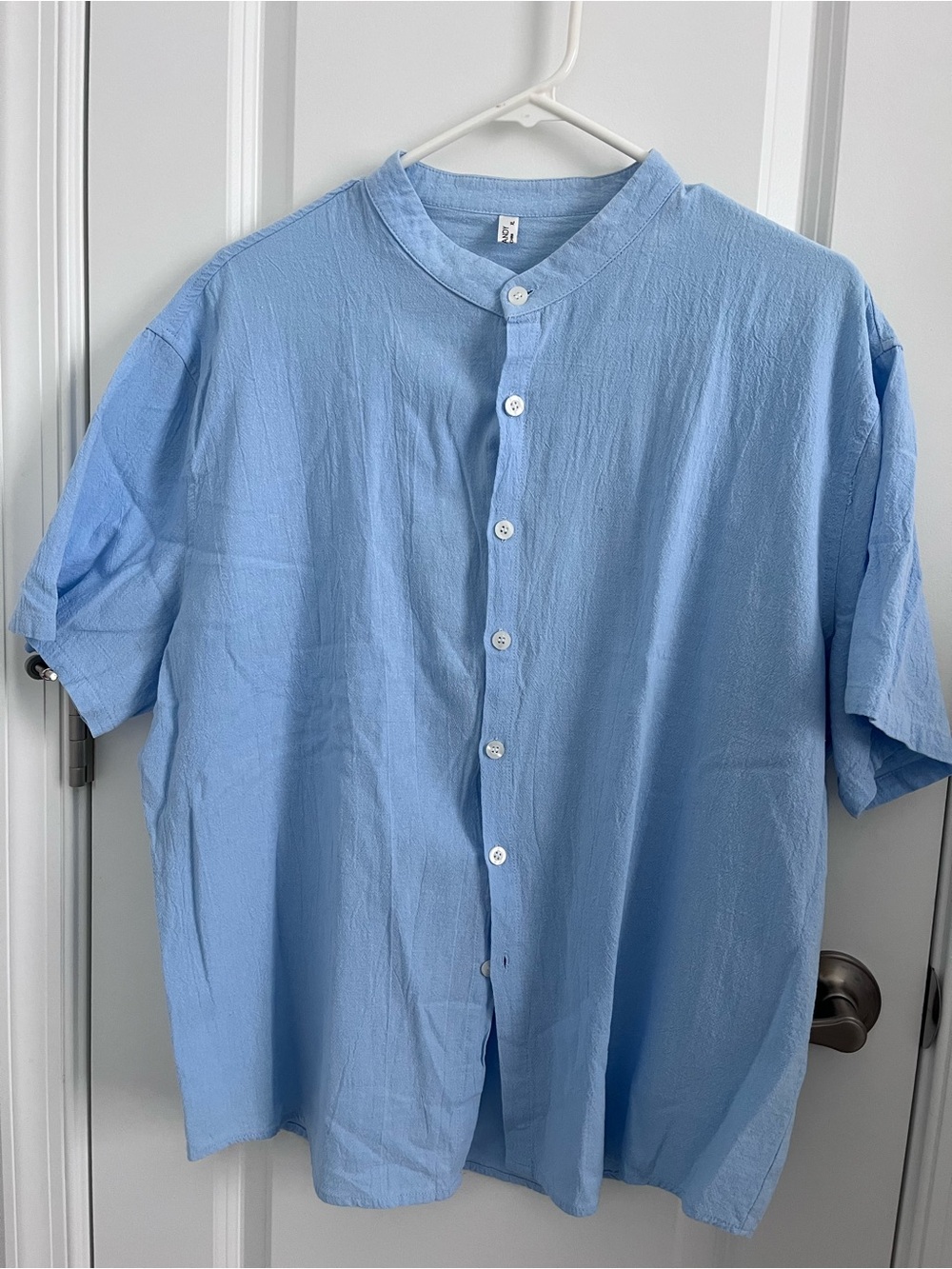 Coofandy Men's Light Blue Cotton Linen Blend Band Collar Short Sleeve Shirt